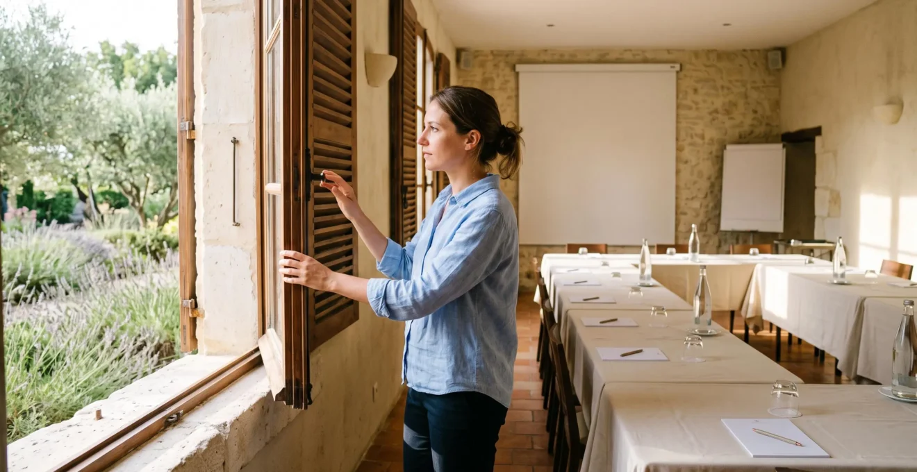 Une coordinatrice ouvre les volets d'une salle de réunion lumineuse aménagée en U dans une bastide provençale.
