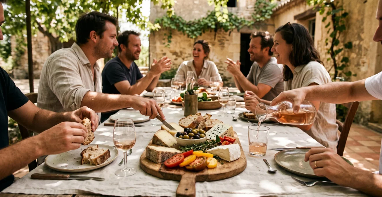 Des participants d'un séminaire partagent un plateau de produits locaux autour d'une table dressée dans une cour provençale ombragée.