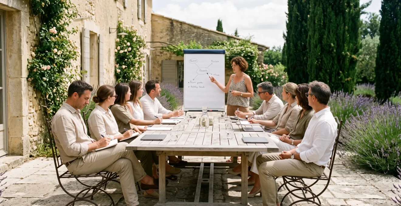 Une équipe d'entreprise en séminaire travaille autour d'une grande table installée sur la terrasse en pierre d'un mas provençal.
